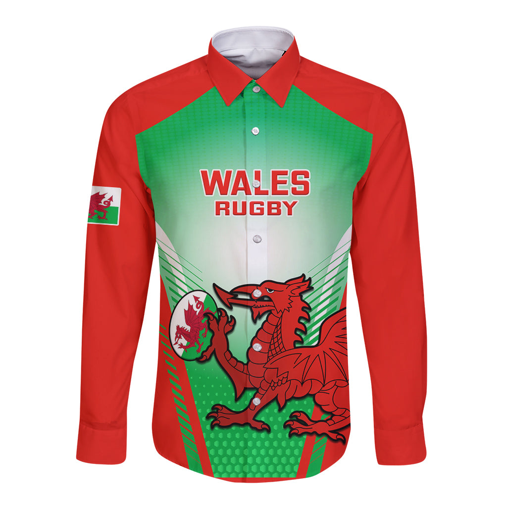 Red long-sleeve button rugby shirt with green panel, Wales Rugby text, and dragon graphic