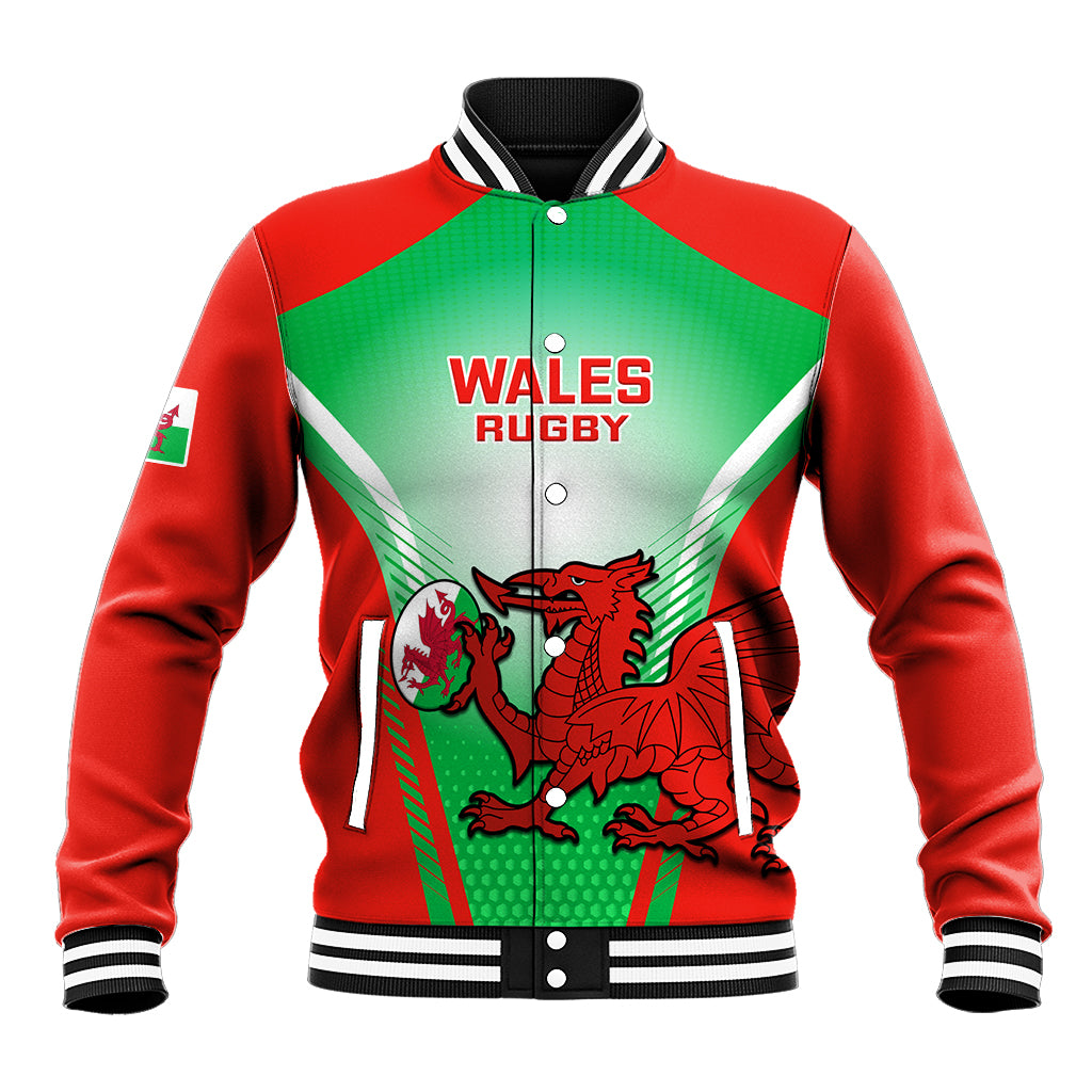 Red and green baseball varsity jacket with Wales Rugby crest graphic and snap buttons