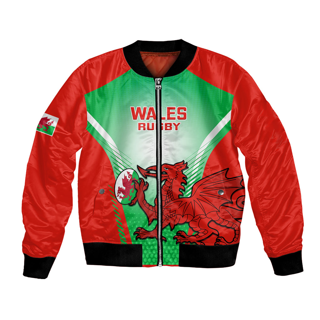 Red and green rugby bomber jacket, front zip and Wales Rugby crest graphic