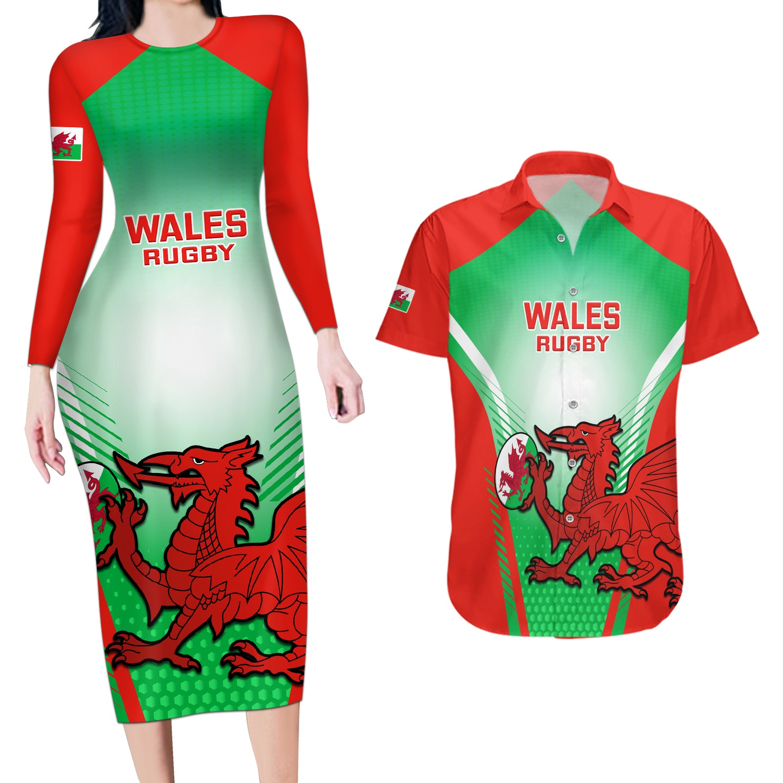 Custom Wales Rugby Couples Matching Long Sleeve Bodycon Dress and Hawaiian Shirt 2023 Come On Cymru Champions World Cup - Wonder Print Shop