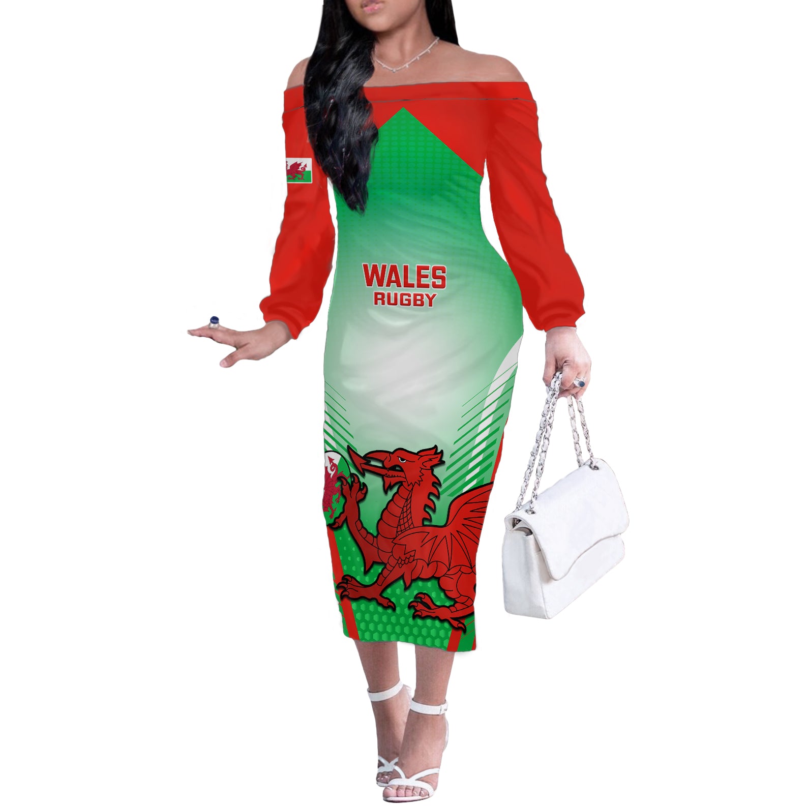 Custom Wales Rugby Off The Shoulder Long Sleeve Dress 2023 Come On Cymru Champions World Cup - Wonder Print Shop