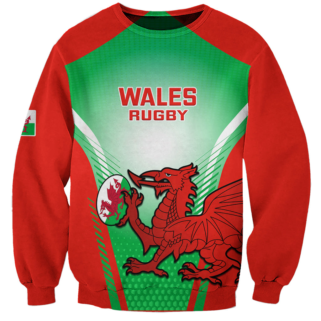 Red and green rugby sweatshirt with Wales Rugby graphic on front