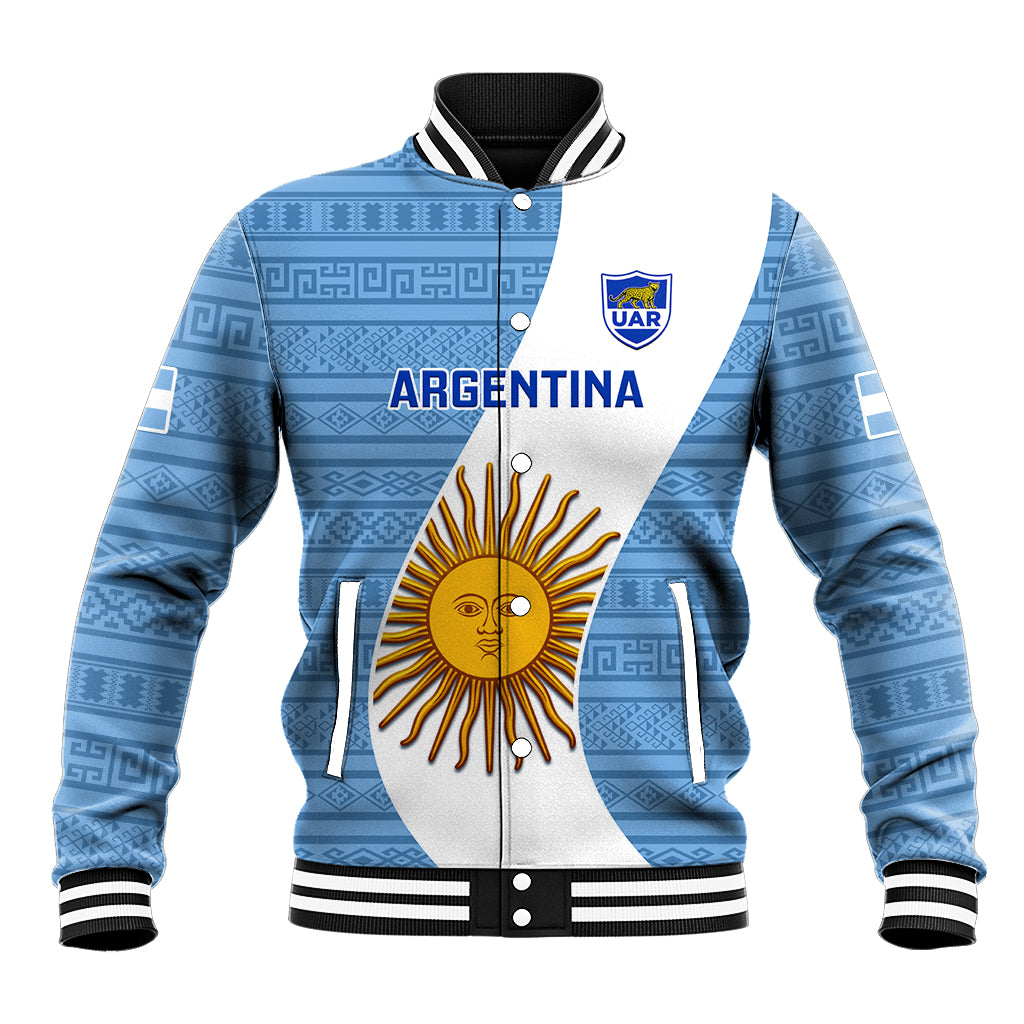 Blue Argentina rugby varsity baseball jacket with crest and sun graphic