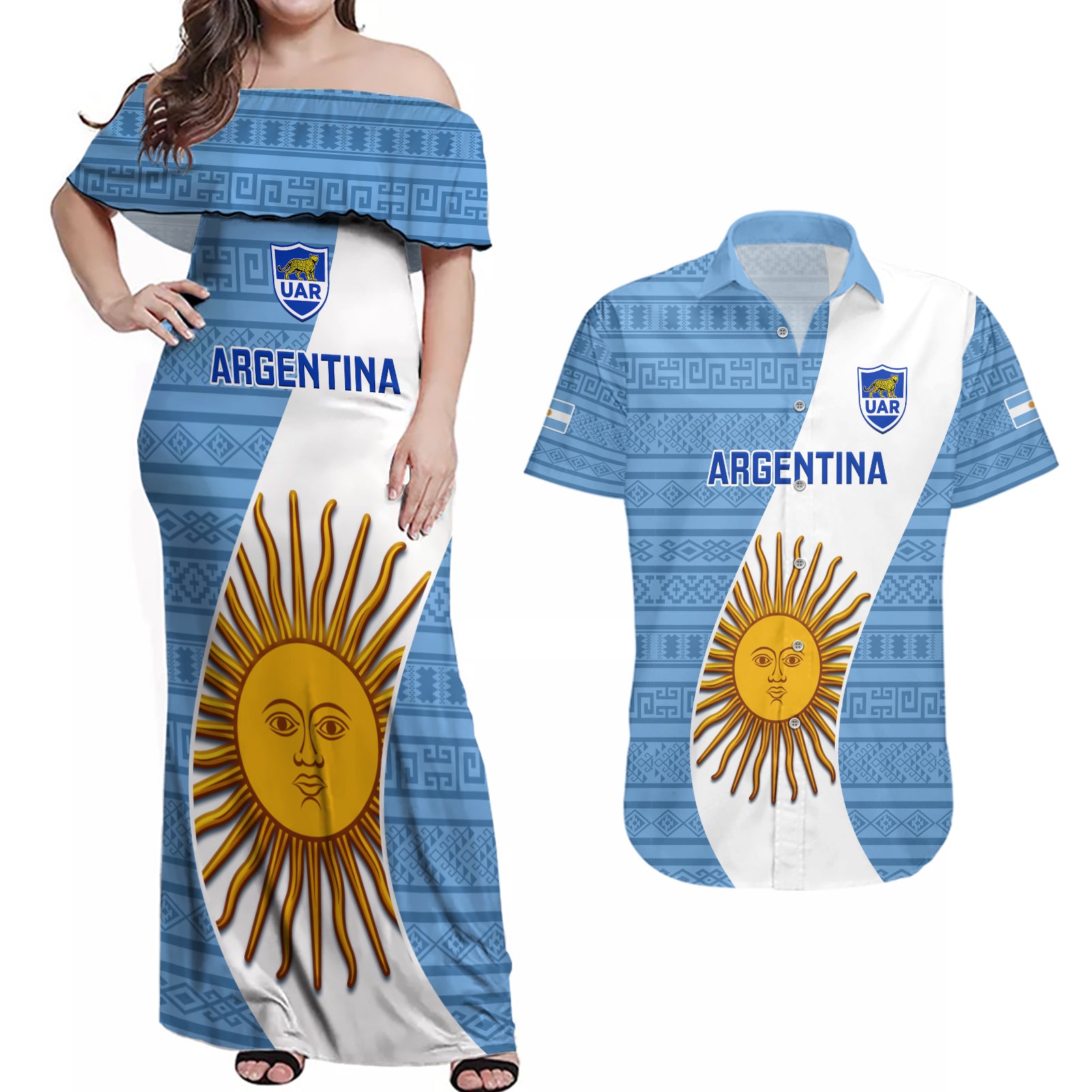 Argentina Rugby Couples Matching Off Shoulder Maxi Dress and Hawaiian Shirt 2023 Go Champions Los Pumas World Cup - Wonder Print Shop