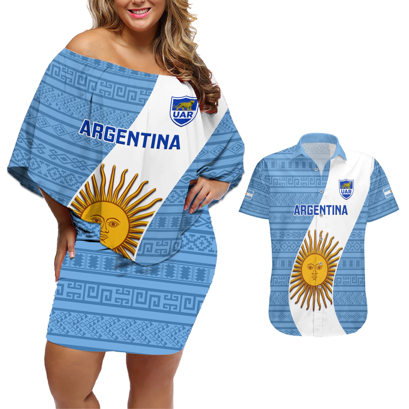 Argentina Rugby Couples Matching Off Shoulder Short Dress and Hawaiian Shirt 2023 Go Champions Los Pumas World Cup - Wonder Print Shop