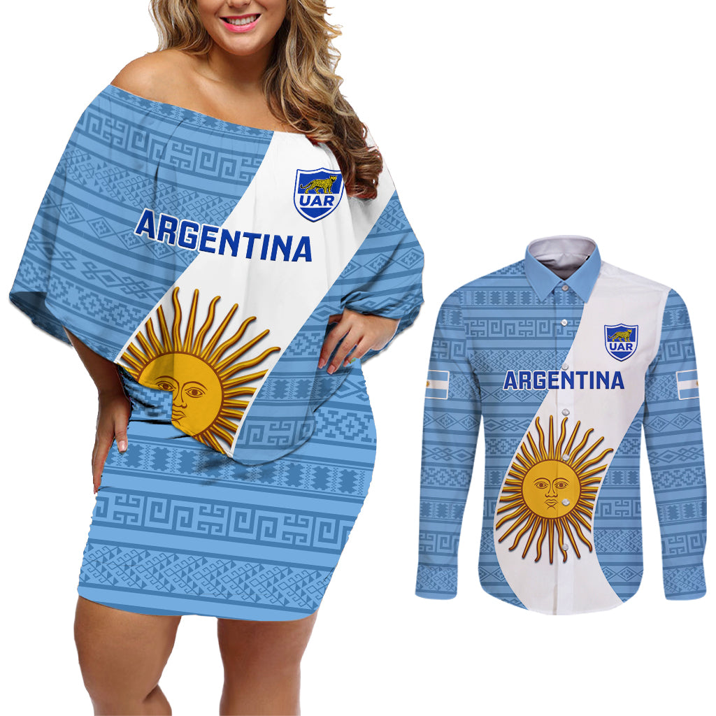 Argentina Rugby Couples Matching Off Shoulder Short Dress and Long Sleeve Button Shirts 2023 Go Champions Los Pumas World Cup - Wonder Print Shop