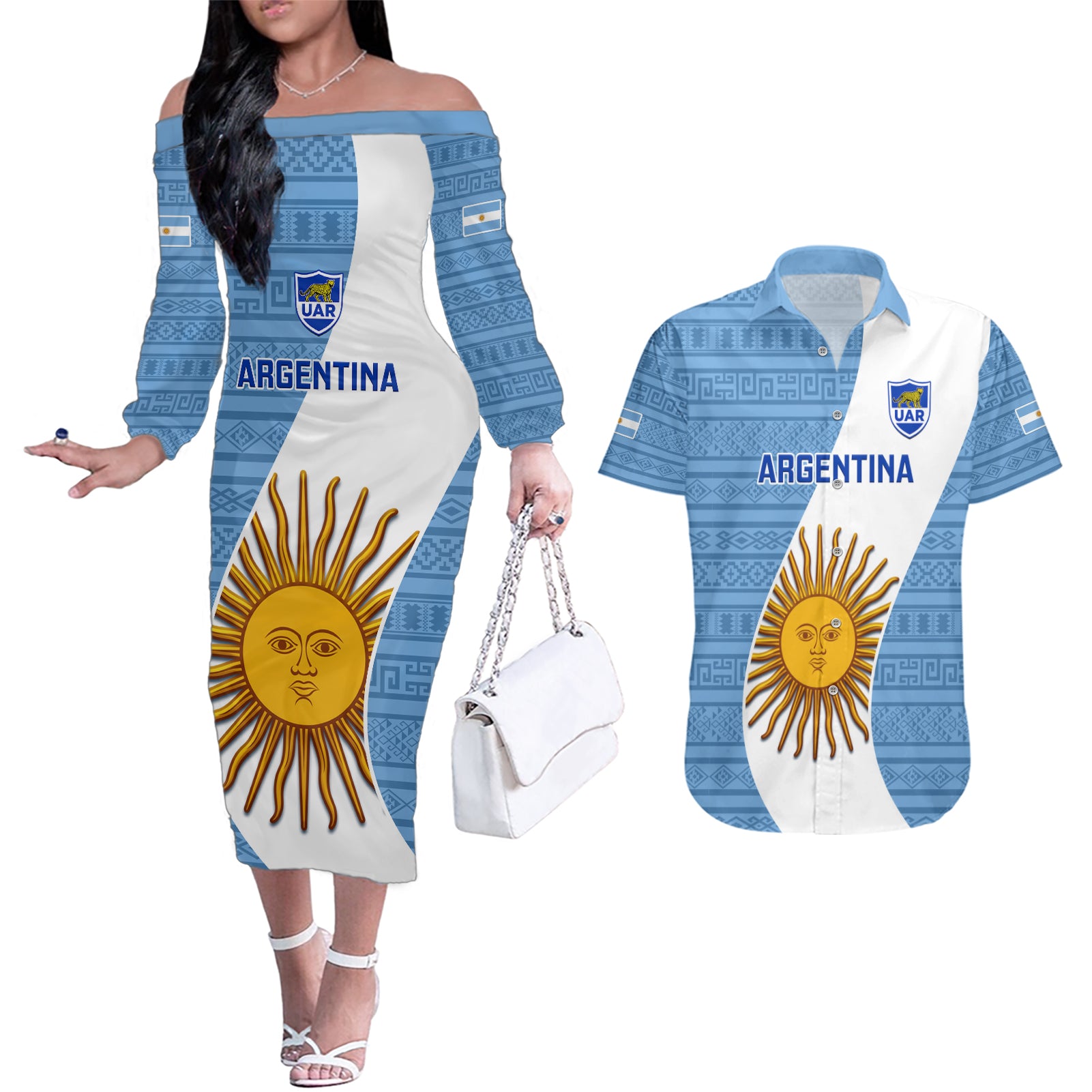 Argentina Rugby Couples Matching Off The Shoulder Long Sleeve Dress and Hawaiian Shirt 2023 Go Champions Los Pumas World Cup - Wonder Print Shop