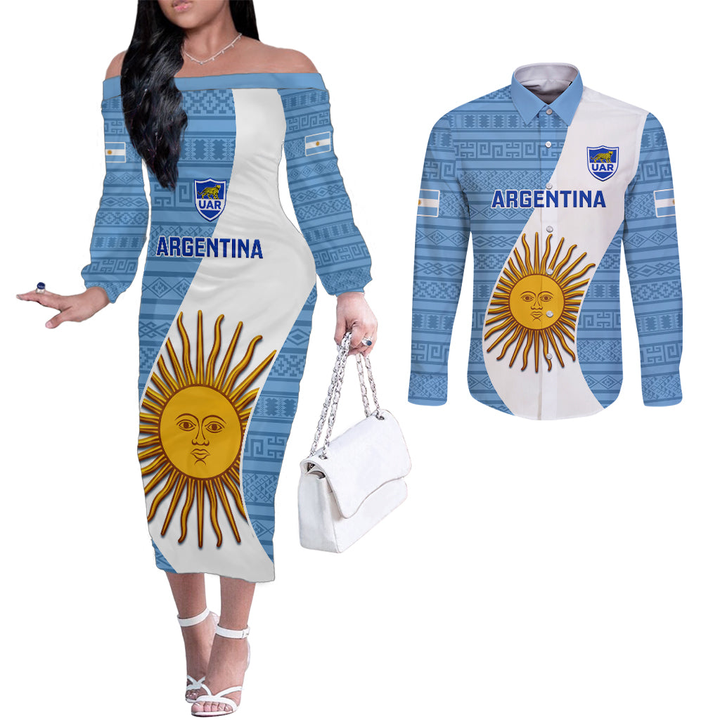 argentina-rugby-couples-matching-off-the-shoulder-long-sleeve-dress-and-long-sleeve-button-shirts-2023-go-champions-los-pumas-world-cup