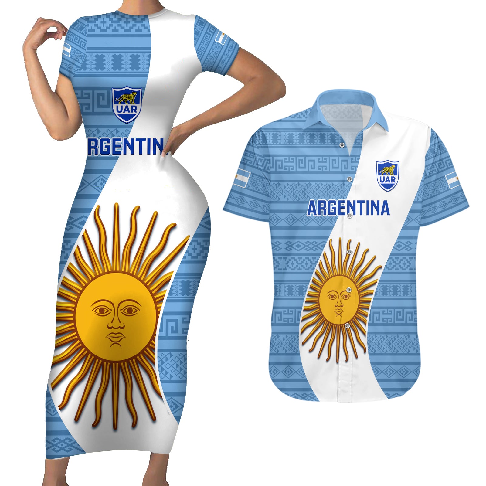 Argentina Rugby Couples Matching Short Sleeve Bodycon Dress and Hawaiian Shirt 2023 Go Champions Los Pumas World Cup - Wonder Print Shop