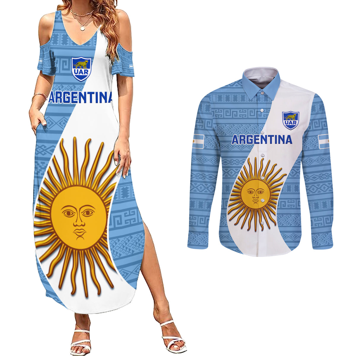 Argentina Rugby Couples Matching Summer Maxi Dress and Long Sleeve Button Shirts 2023 Go Champions Los Pumas World Cup - Wonder Print Shop