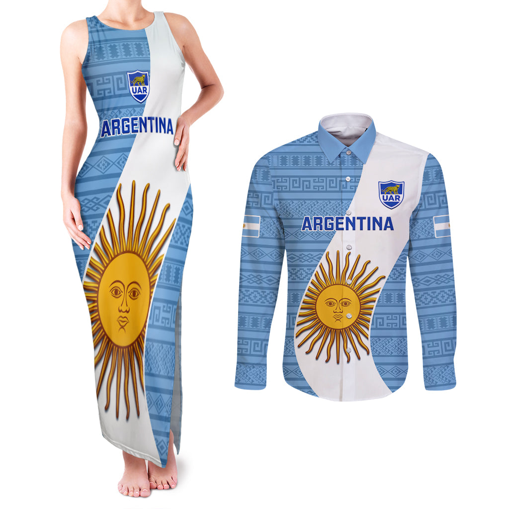 Argentina Rugby Couples Matching Tank Maxi Dress and Long Sleeve Button Shirts 2023 Go Champions Los Pumas World Cup - Wonder Print Shop