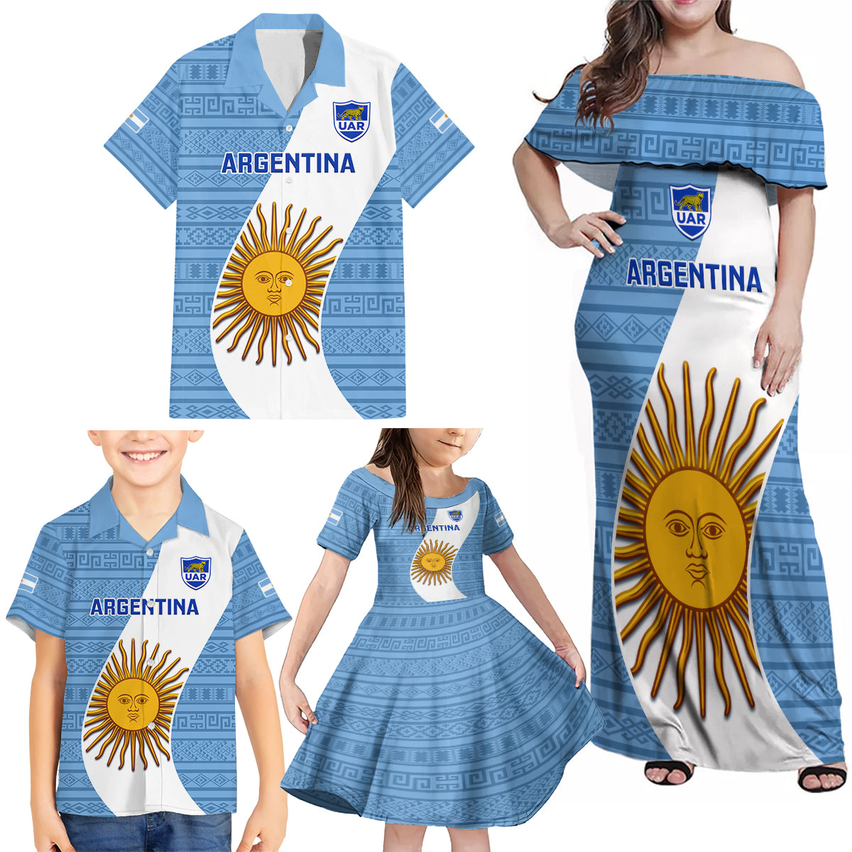 Argentina Rugby Family Matching Off Shoulder Maxi Dress and Hawaiian Shirt 2023 Go Champions Los Pumas World Cup - Wonder Print Shop