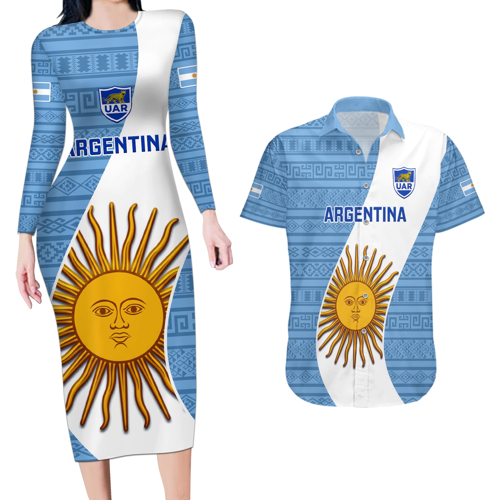 Custom Argentina Rugby Couples Matching Long Sleeve Bodycon Dress and Hawaiian Shirt 2023 Go Champions Los Pumas World Cup - Wonder Print Shop