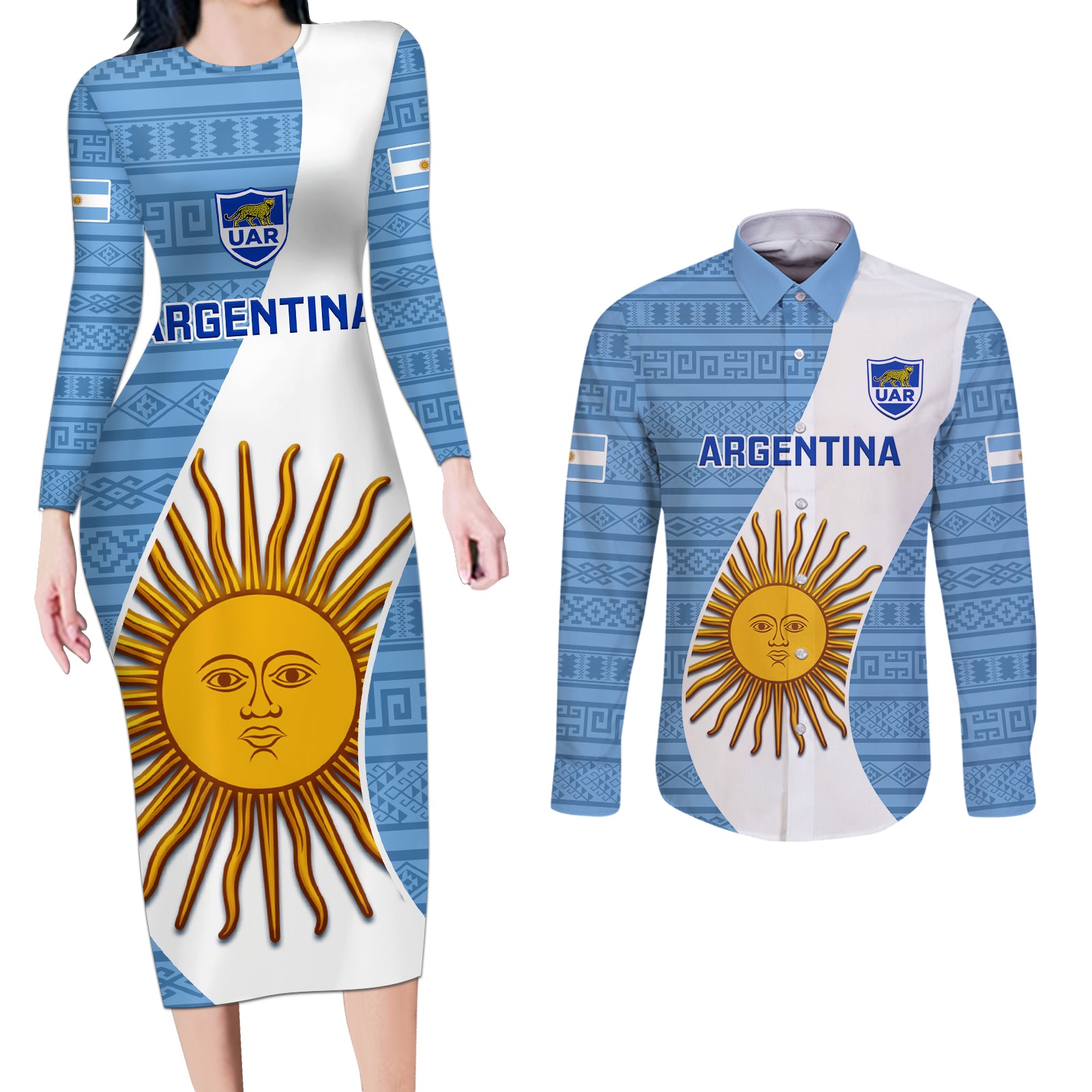 Custom Argentina Rugby Couples Matching Long Sleeve Bodycon Dress and Long Sleeve Button Shirts 2023 Go Champions Los Pumas World Cup - Wonder Print Shop