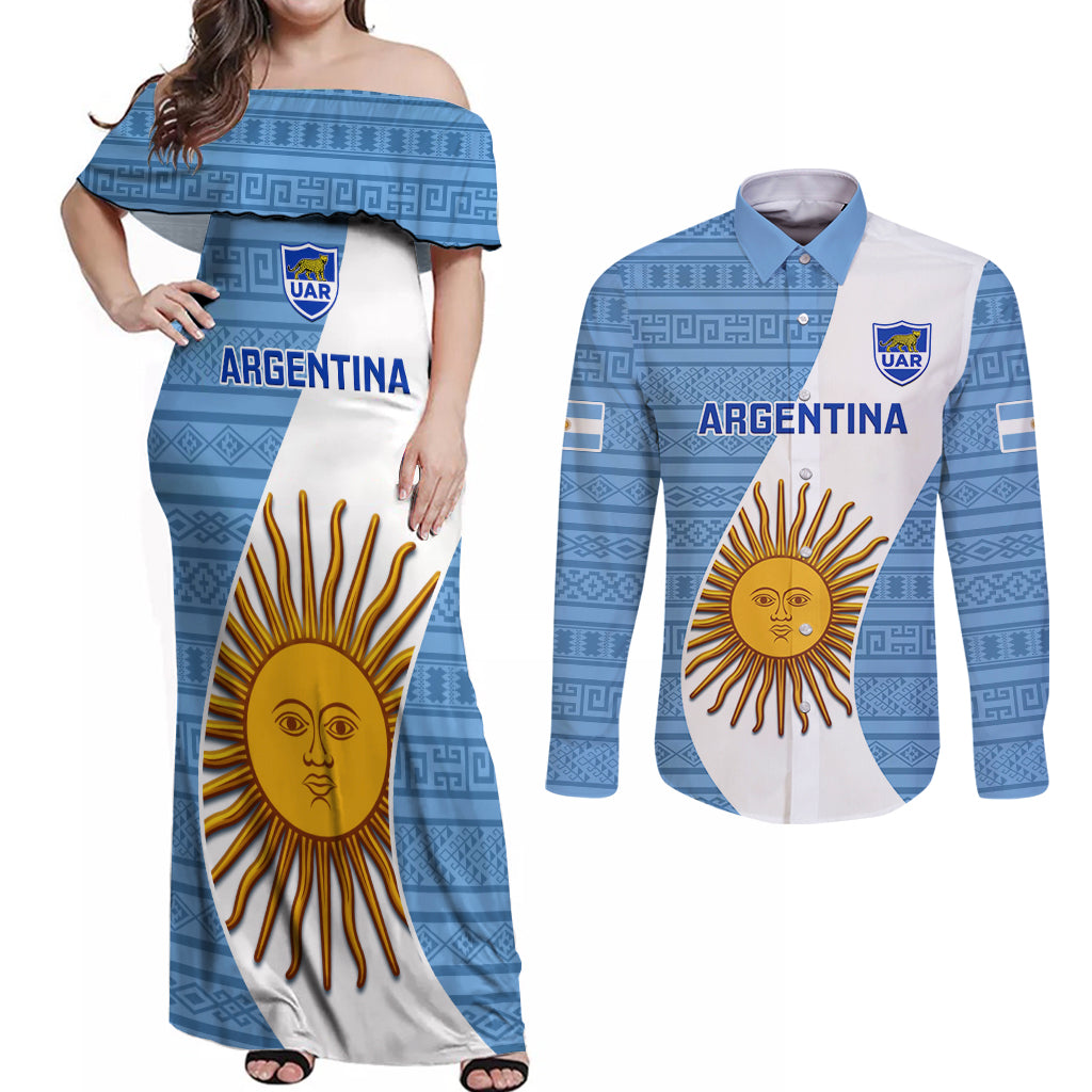 Custom Argentina Rugby Couples Matching Off Shoulder Maxi Dress and Long Sleeve Button Shirts 2023 Go Champions Los Pumas World Cup - Wonder Print Shop