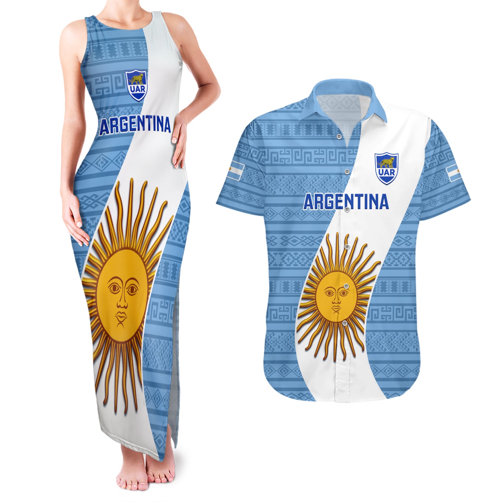 Custom Argentina Rugby Couples Matching Tank Maxi Dress and Hawaiian Shirt 2023 Go Champions Los Pumas World Cup - Wonder Print Shop