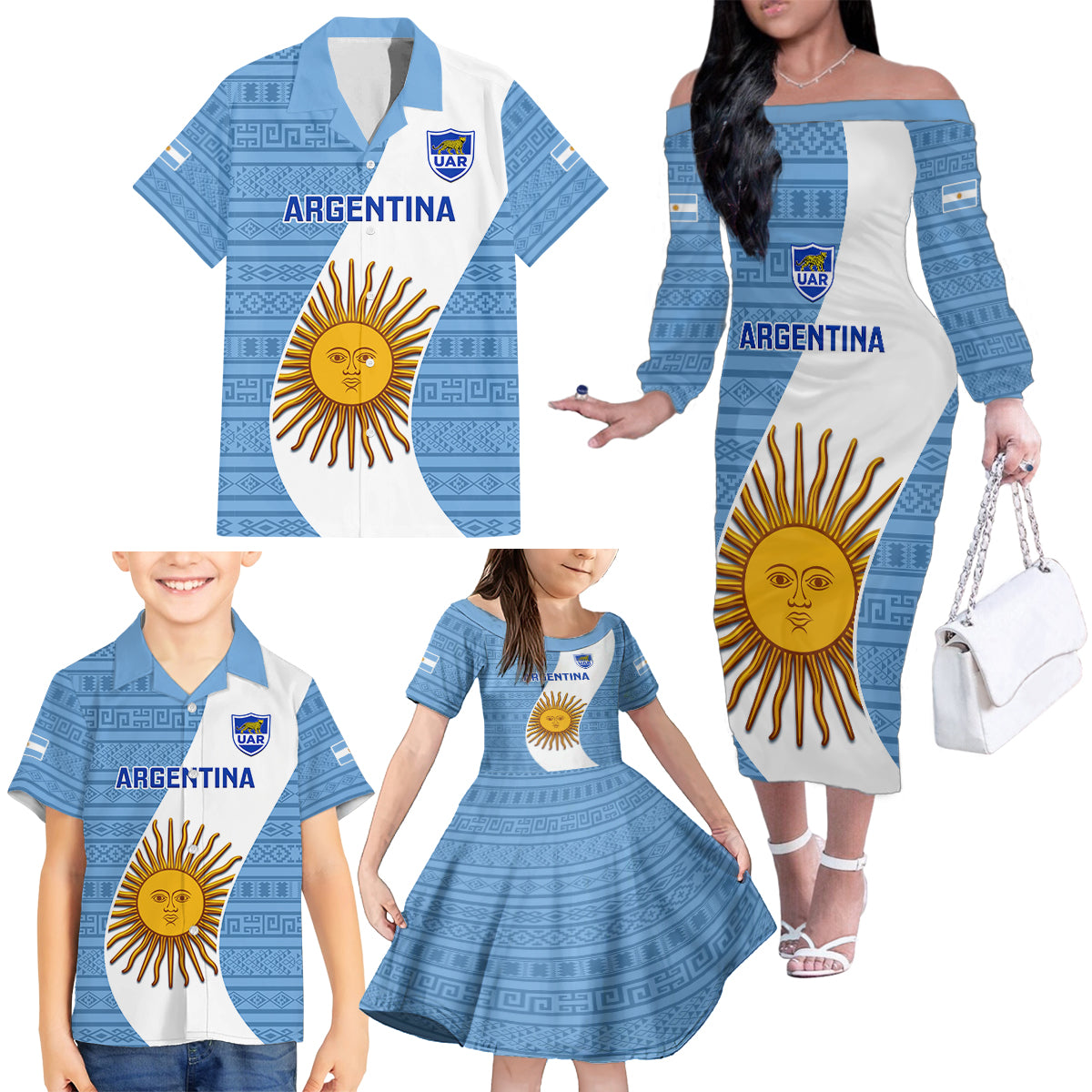 Custom Argentina Rugby Family Matching Off Shoulder Long Sleeve Dress and Hawaiian Shirt 2023 Go Champions Los Pumas World Cup - Wonder Print Shop