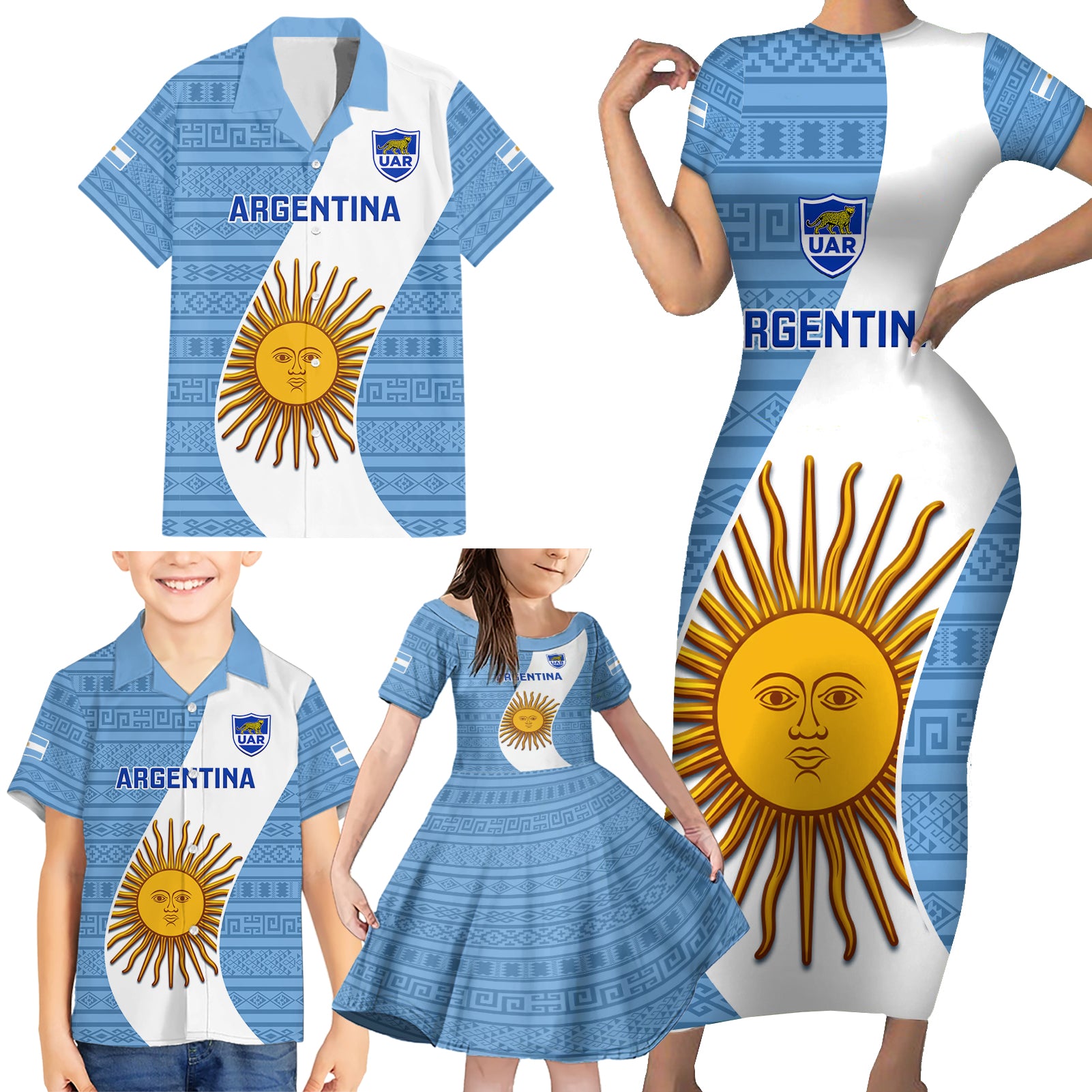 Custom Argentina Rugby Family Matching Short Sleeve Bodycon Dress and Hawaiian Shirt 2023 Go Champions Los Pumas World Cup - Wonder Print Shop