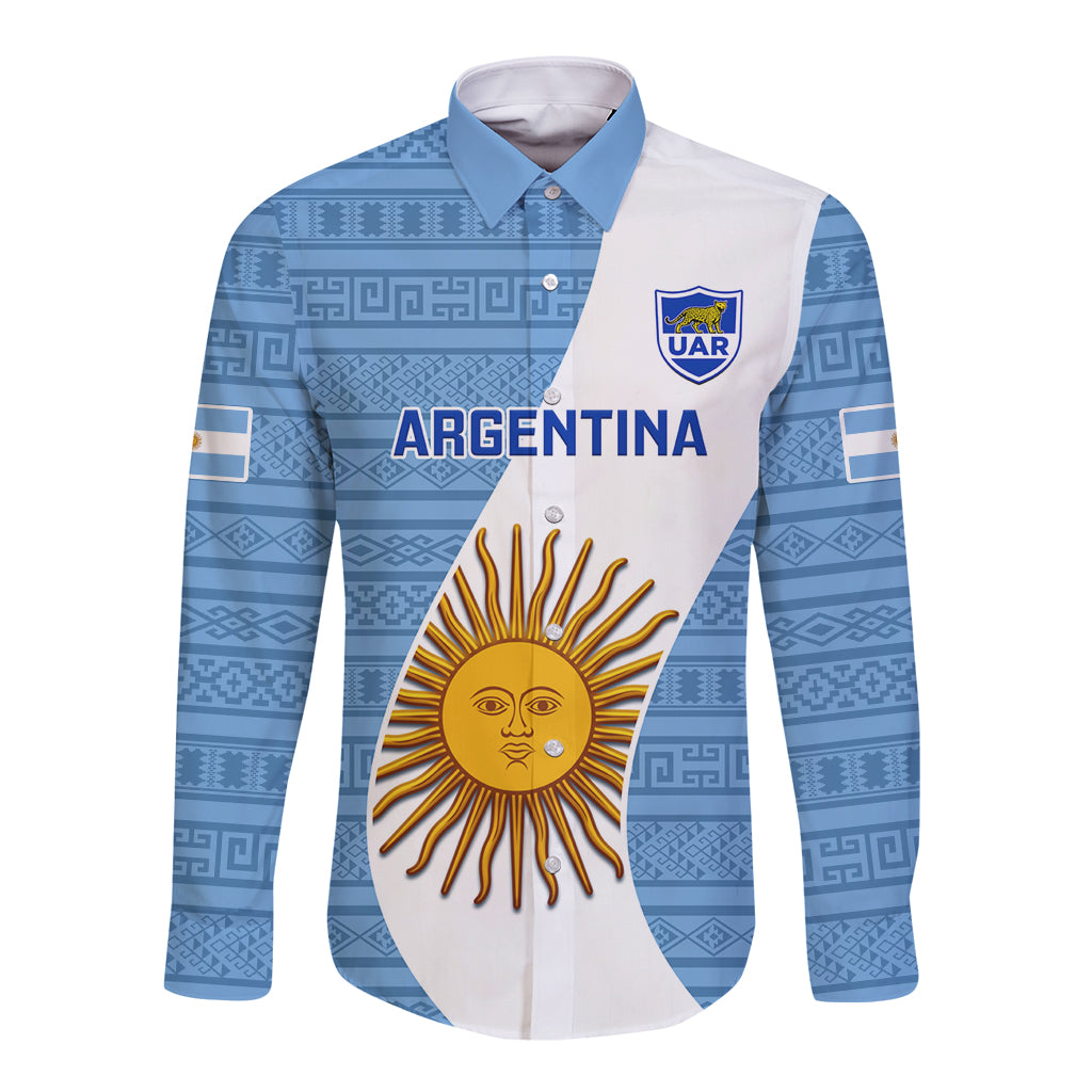 Blue and white rugby button-up long-sleeve shirt with Argentina crest and sun emblem