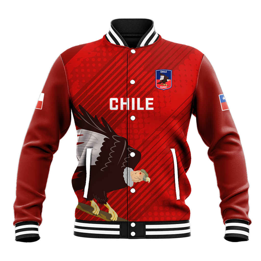 Red baseball jacket with striped collar, CHILE text, condor graphic and button front
