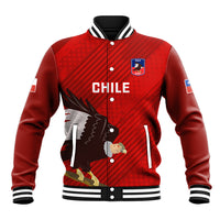 Red baseball jacket with striped collar, CHILE text, condor graphic and button front