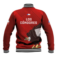Red baseball jacket with striped collar, LOS CONDORES text, condor graphic on back
