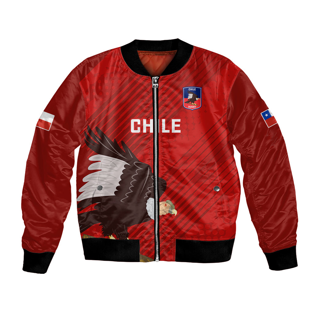 Red bomber jacket with black ribbed collar, front zipper, eagle graphic and sleeve patch
