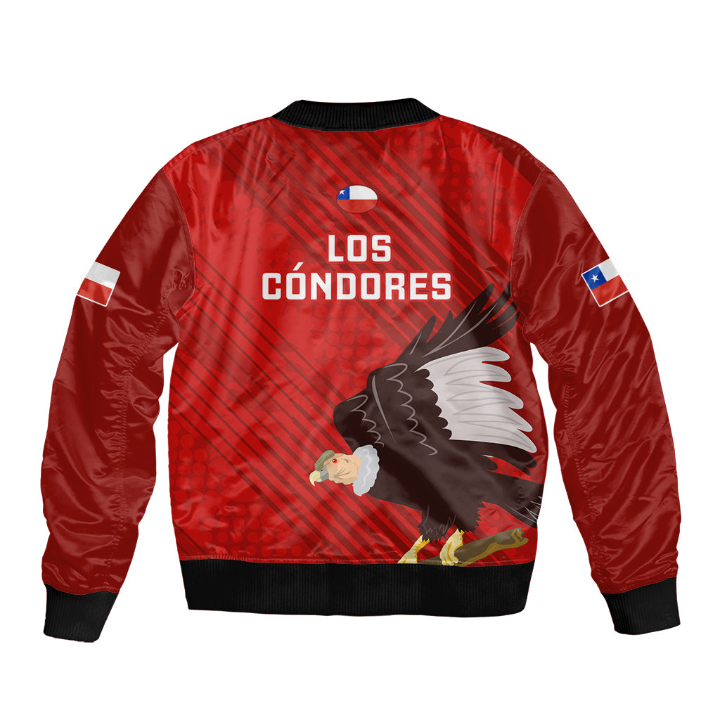 Red bomber jacket with black ribbed hem, Los Condores back print, eagle and flag patch