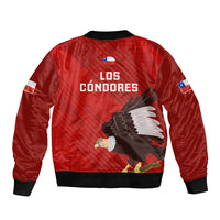 Red bomber jacket with black ribbed hem, Los Condores back print, eagle and flag patch