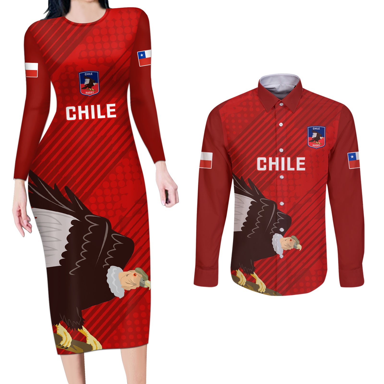 Chile Rugby Couples Matching Long Sleeve Bodycon Dress and Long Sleeve Button Shirts 2023 Los Condores Grunge Style - Wonder Print Shop