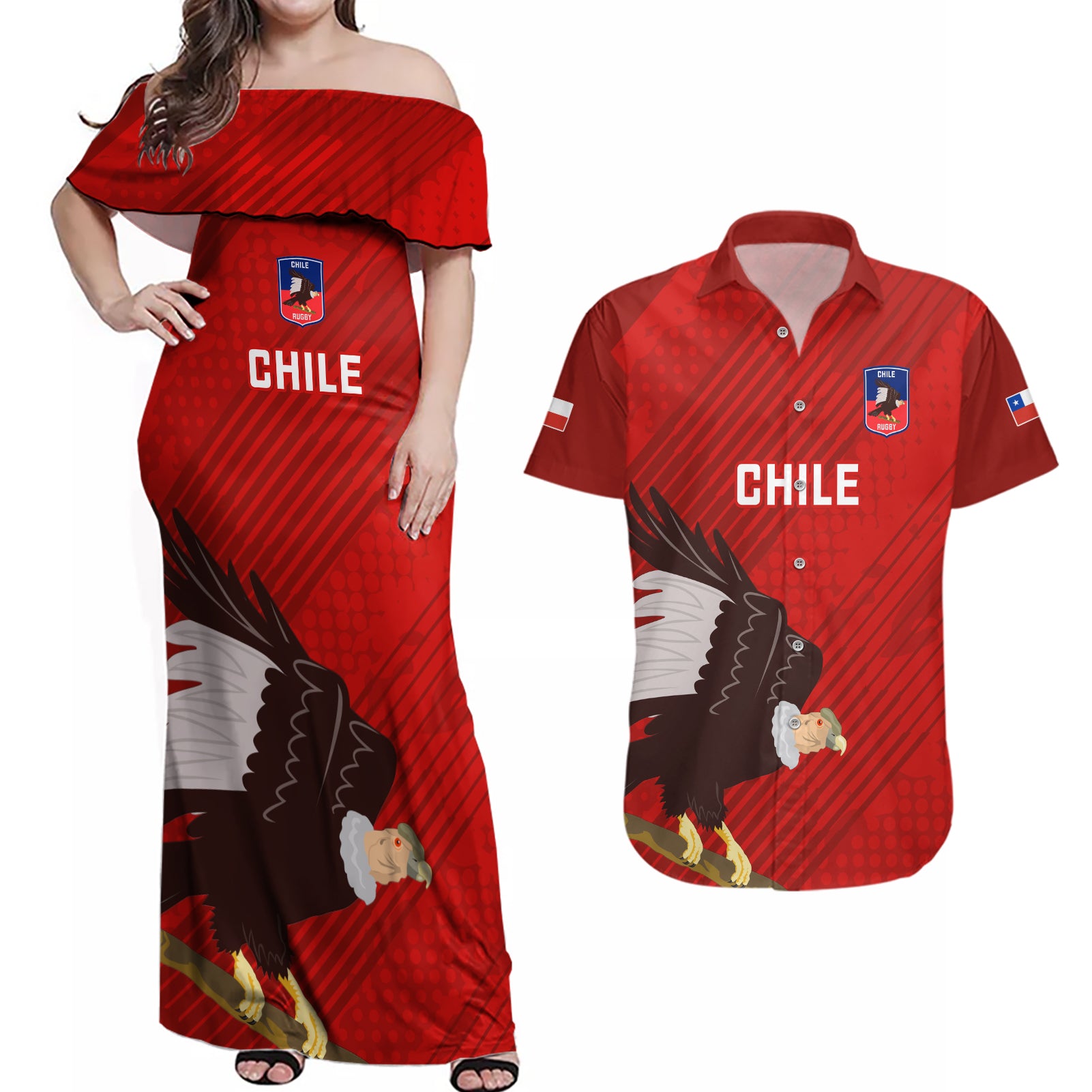 Chile Rugby Couples Matching Off Shoulder Maxi Dress and Hawaiian Shirt 2023 Los Condores Grunge Style - Wonder Print Shop