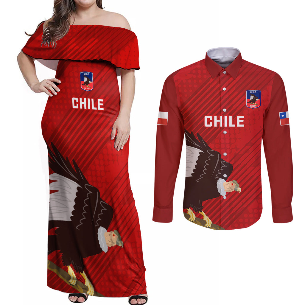 Chile Rugby Couples Matching Off Shoulder Maxi Dress and Long Sleeve Button Shirts 2023 Los Condores Grunge Style - Wonder Print Shop