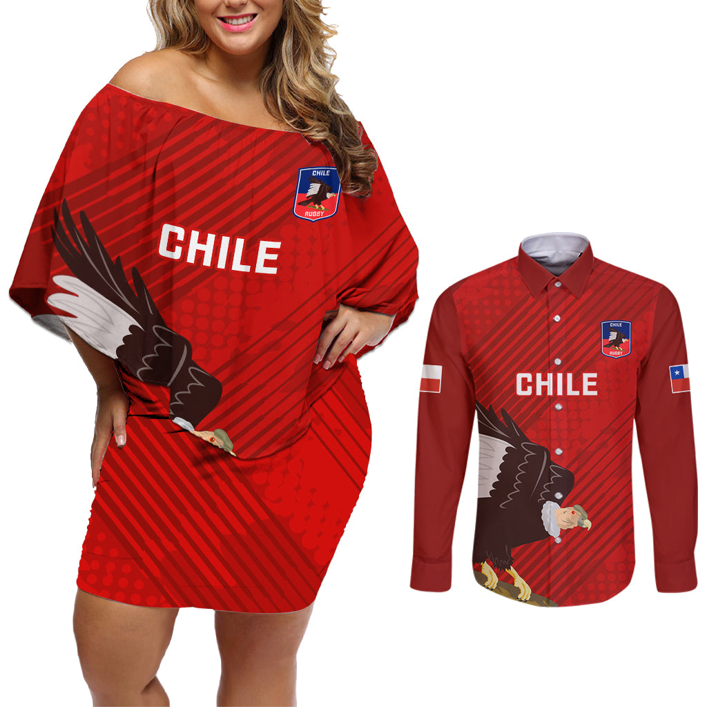 Chile Rugby Couples Matching Off Shoulder Short Dress and Long Sleeve Button Shirts 2023 Los Condores Grunge Style - Wonder Print Shop