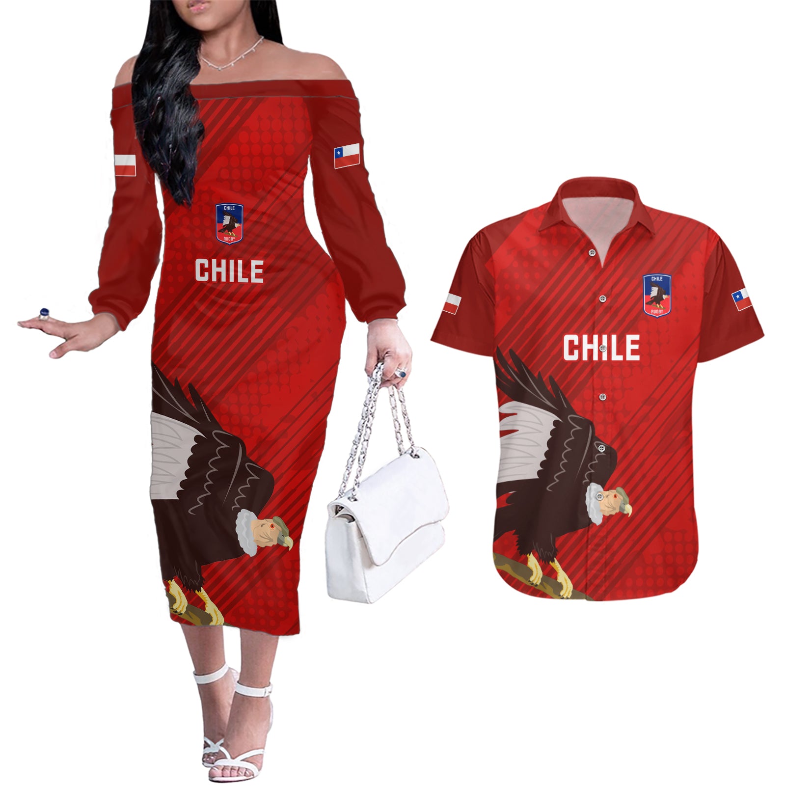 Chile Rugby Couples Matching Off The Shoulder Long Sleeve Dress and Hawaiian Shirt 2023 Los Condores Grunge Style - Wonder Print Shop