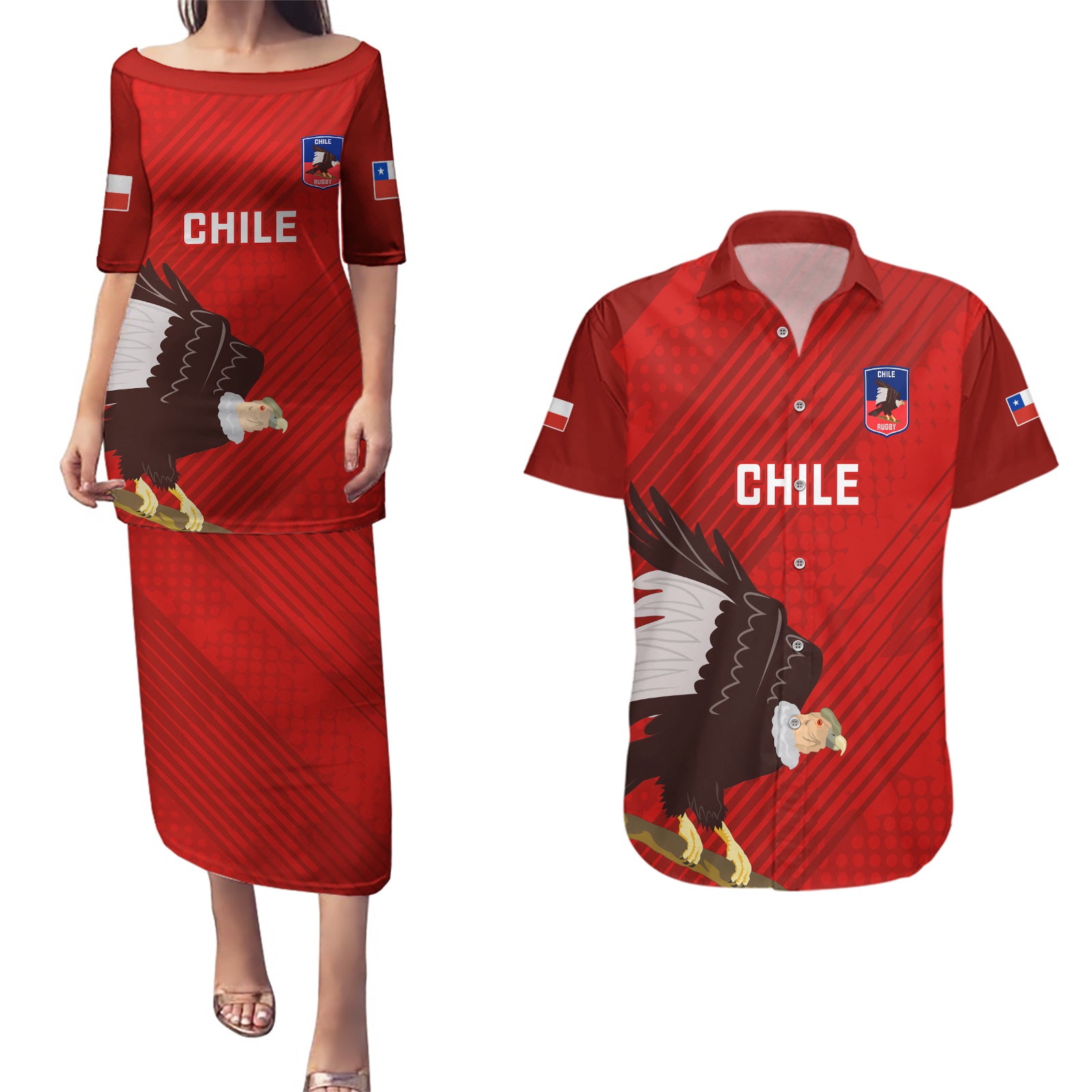 Chile Rugby Couples Matching Puletasi Dress and Hawaiian Shirt 2023 Los Condores Grunge Style - Wonder Print Shop