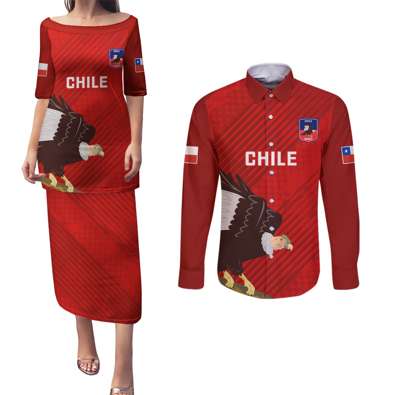 Chile Rugby Couples Matching Puletasi Dress and Long Sleeve Button Shirts 2023 Los Condores Grunge Style - Wonder Print Shop