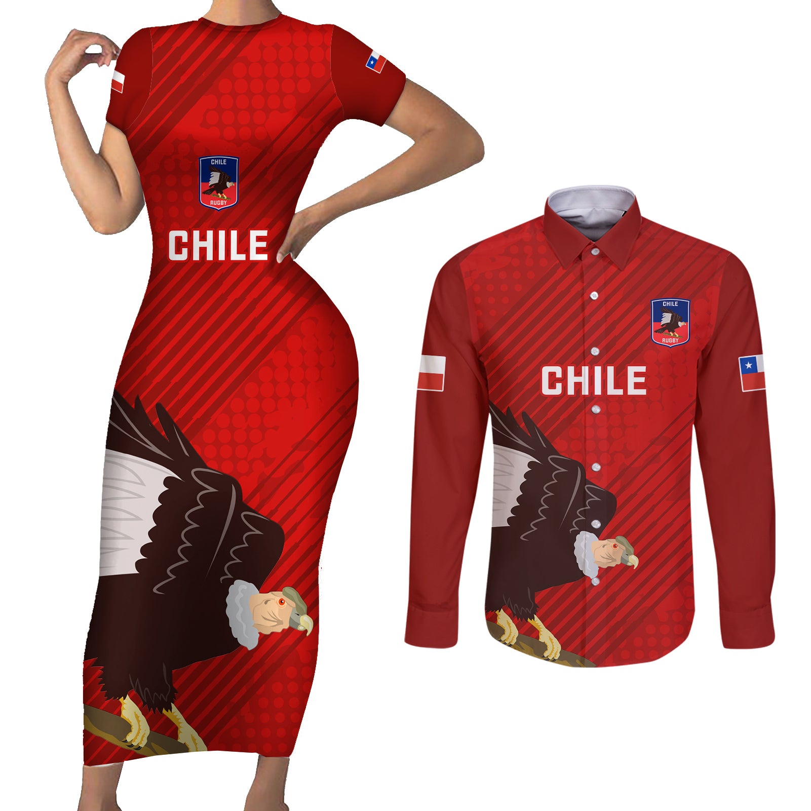 Chile Rugby Couples Matching Short Sleeve Bodycon Dress and Long Sleeve Button Shirts 2023 Los Condores Grunge Style - Wonder Print Shop