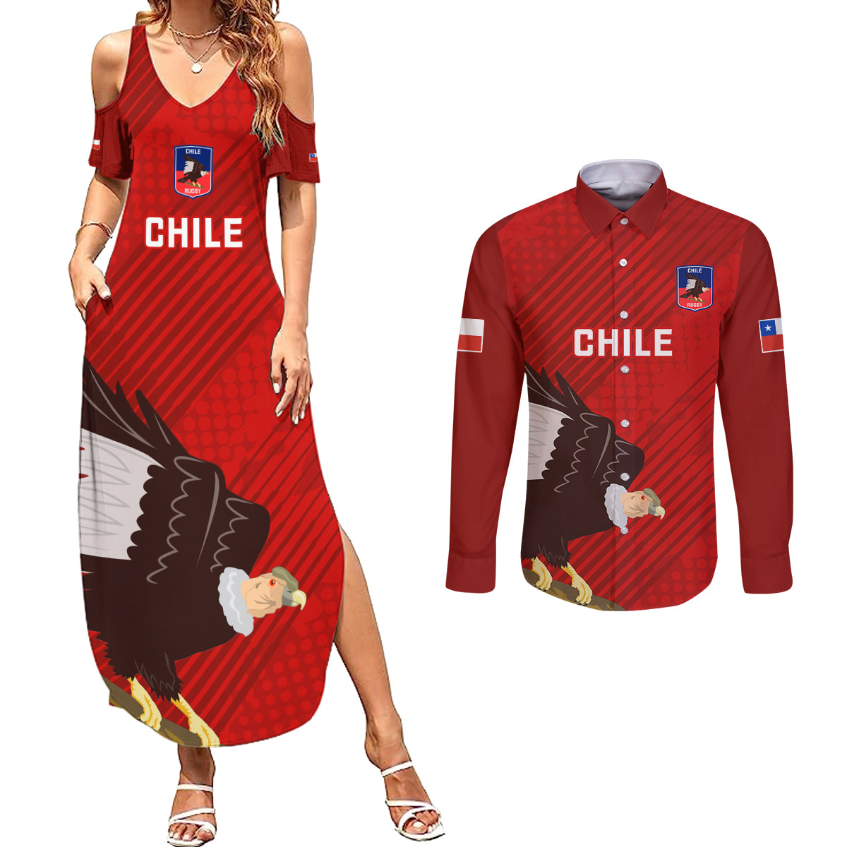 Chile Rugby Couples Matching Summer Maxi Dress and Long Sleeve Button Shirts 2023 Los Condores Grunge Style - Wonder Print Shop