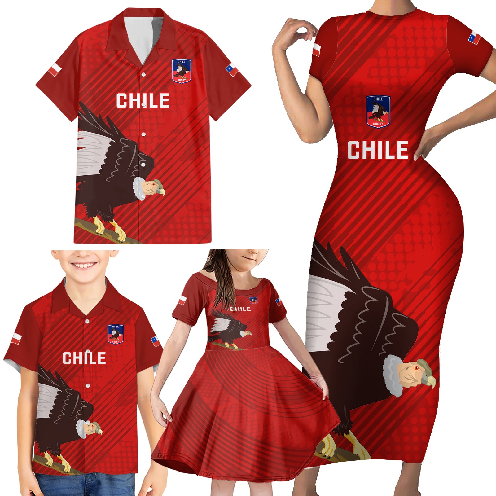 Chile Rugby Family Matching Short Sleeve Bodycon Dress and Hawaiian Shirt 2023 Los Condores Grunge Style - Wonder Print Shop