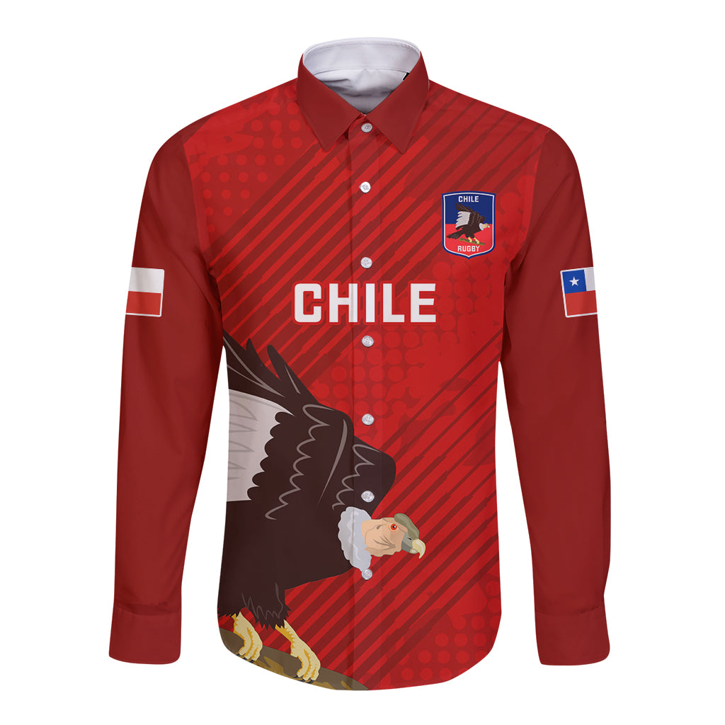 Red long-sleeve button rugby shirt with Chile crest, condor graphic, and flag sleeve patch