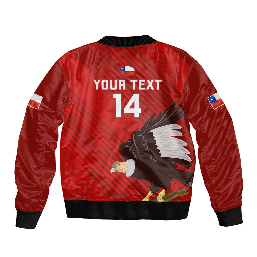 Red bomber jacket back with YOUR TEXT 14 and eagle graphic, black ribbed hem and cuffs