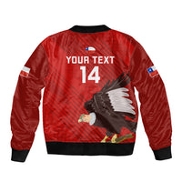 Red bomber jacket back with YOUR TEXT 14 and eagle graphic, black ribbed hem and cuffs