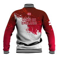 Red baseball jacket back with COME ON ENGLAND! print, striped rib collar and cuffs
