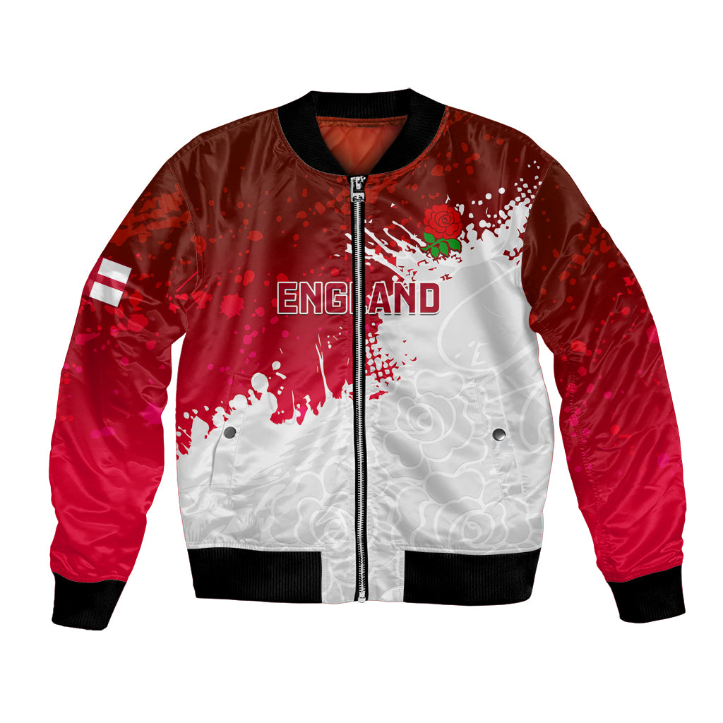 Red bomber jacket with front zip, white England graphic panel, and black ribbed cuffs