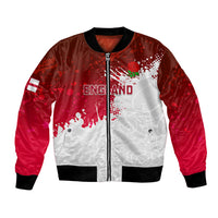 Red bomber jacket with front zip, white England graphic panel, and black ribbed cuffs