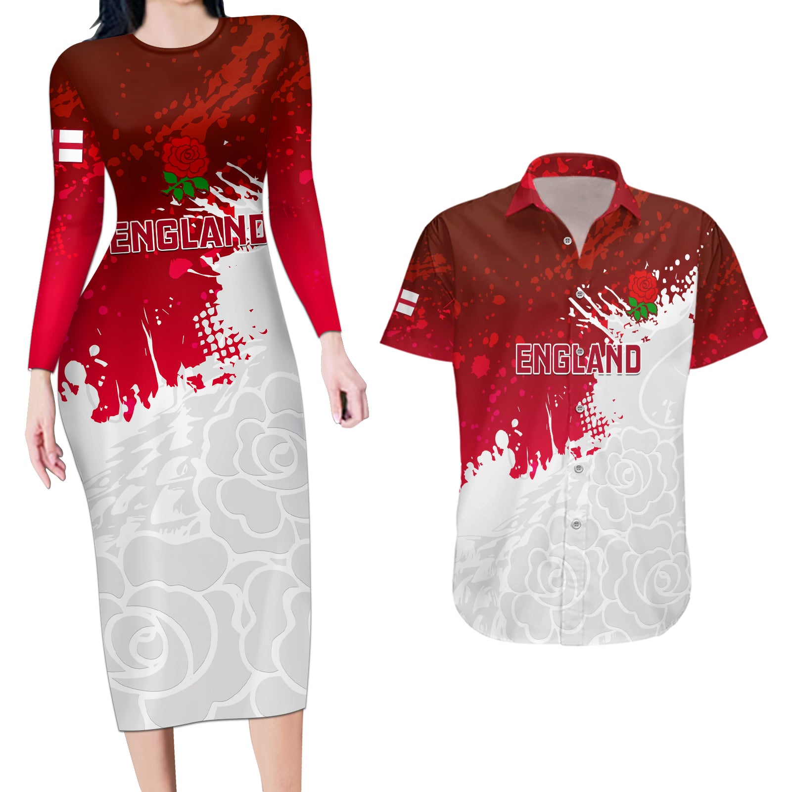 England Rugby Couples Matching Long Sleeve Bodycon Dress and Hawaiian Shirt 2023 Go Champions World Cup Red Rose - Wonder Print Shop