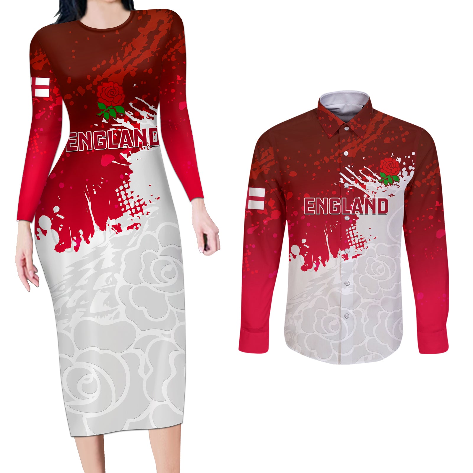 England Rugby Couples Matching Long Sleeve Bodycon Dress and Long Sleeve Button Shirts 2023 Go Champions World Cup Red Rose - Wonder Print Shop