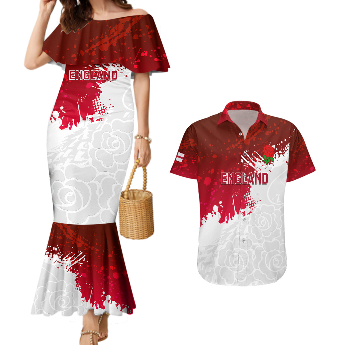 England Rugby Couples Matching Mermaid Dress and Hawaiian Shirt 2023 Go Champions World Cup Red Rose - Wonder Print Shop