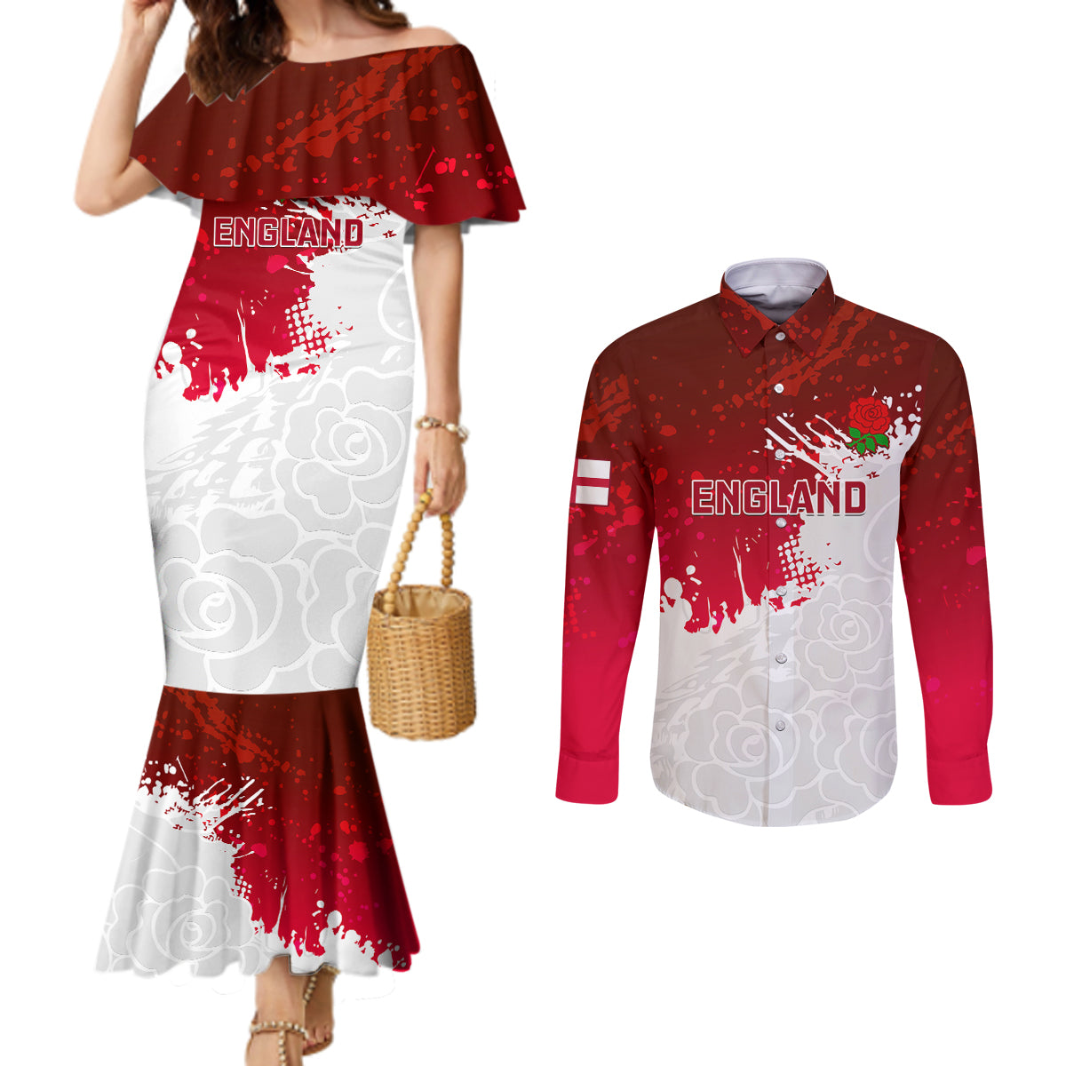 england-rugby-couples-matching-mermaid-dress-and-long-sleeve-button-shirts-2023-go-champions-world-cup-red-rose