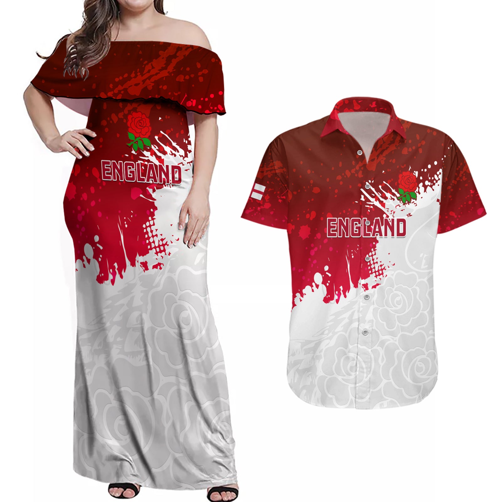 England Rugby Couples Matching Off Shoulder Maxi Dress and Hawaiian Shirt 2023 Go Champions World Cup Red Rose - Wonder Print Shop